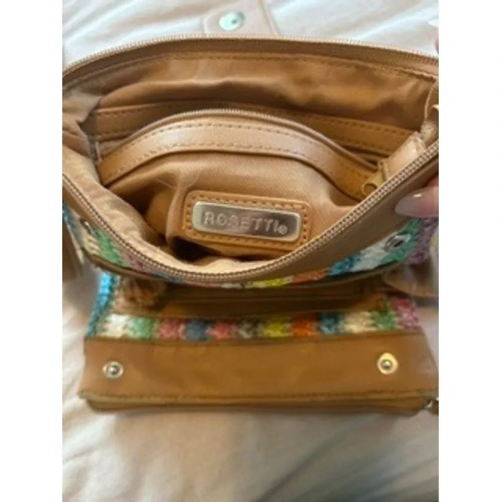 Rosetti Multi Color Striped Woven Crossbody Bag Tan Organizer Purse